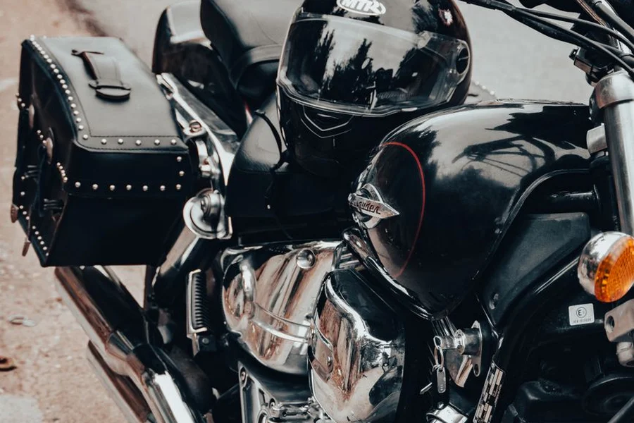 Suzuki M50 Cruiser Side View Black Suzuki Boulevard M50 cruiser motorcycle showing muscle styling and inverted front forks